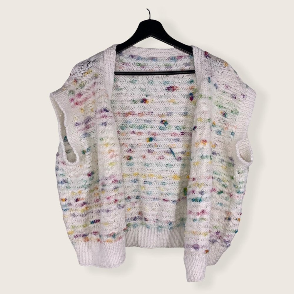 Vintage 80s Handmade Boucle Knit Short Sleeve Open Front Cardigan Medium